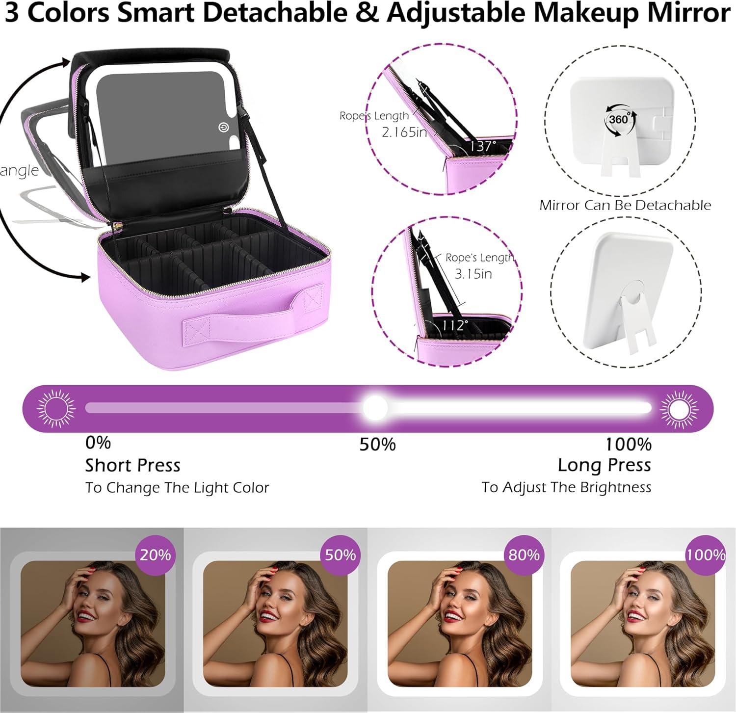 MOMIRA Travel Cosmetic Train Case with Lighted Mirror 3 Color Scenarios Cosmetic Bag Organizer with Adjustable Dividers Makeup Storage for Women, Makeup Accessories & Tools Case Purple