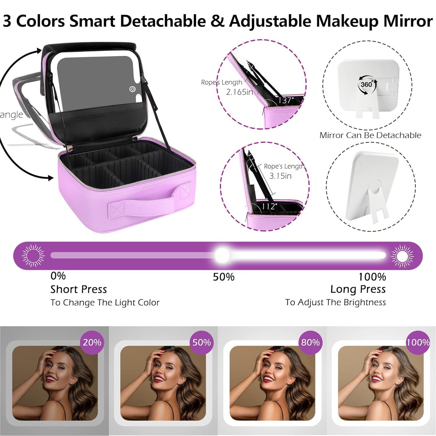 MOMIRA Travel Cosmetic Train Case with Lighted Mirror 3 Color Scenarios Cosmetic Bag Organizer with Adjustable Dividers Makeup Storage for Women, Makeup Accessories & Tools Case Purple