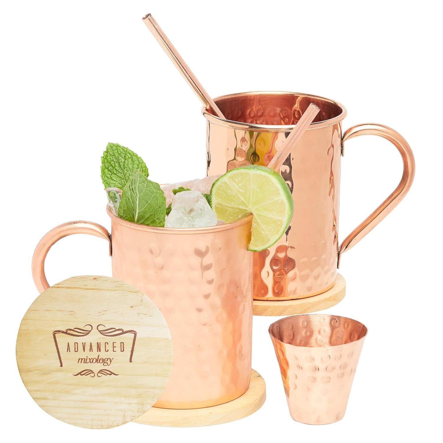 Advanced Mixology Moscow Mule Copper Mugs - Set of 2 - 100% HANDCRAFTED - Pure Solid Copper Mugs 16 oz Gift Set with BONUS: Artisan Wooden Coasters, Cocktail Copper Straws, and Shot Glass!