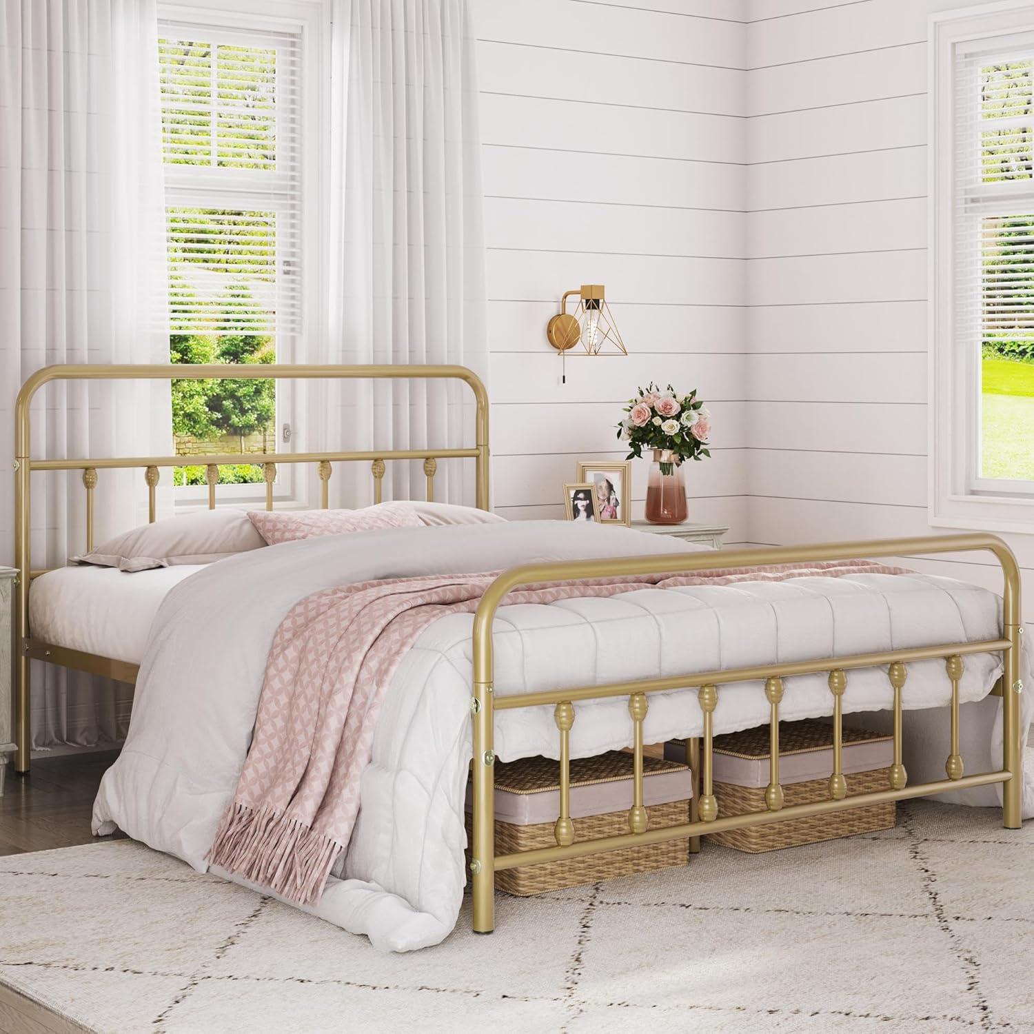 Antique Gold Full Metal Platform Bed with Headboard and Footboard