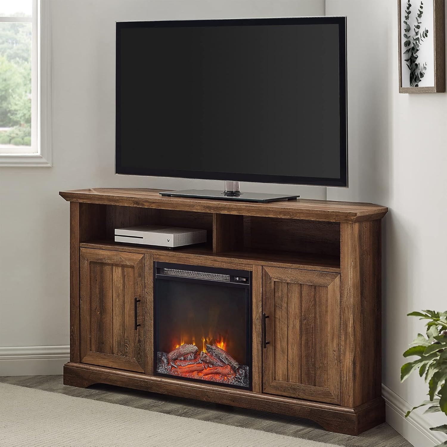 Rustic Oak Corner TV Stand with Fireplace and Cabinet