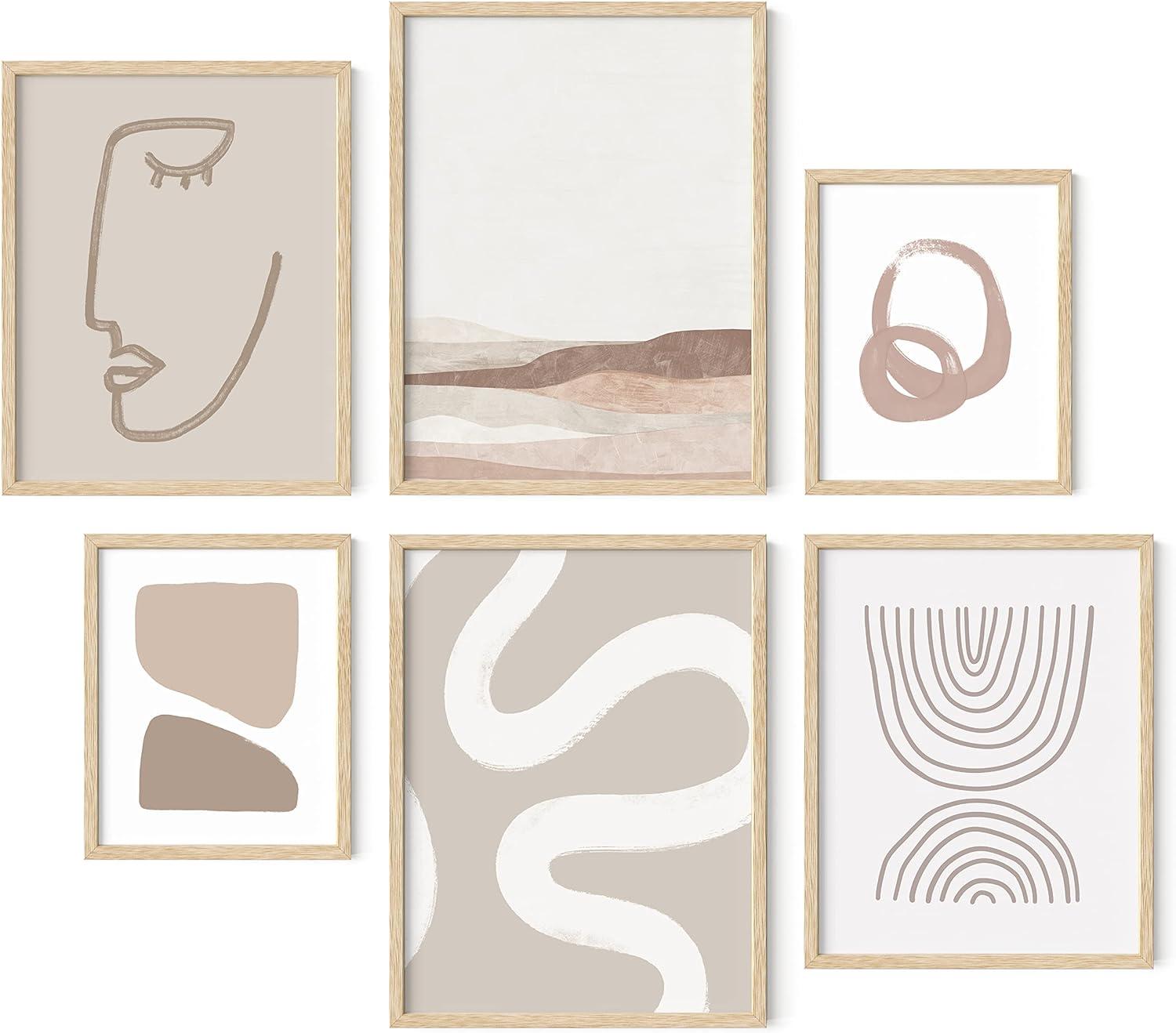 HAUS AND HUES Framed Beige Boho Art Wall Decor - Set of 6 Neutral Mid Century Modern Wall Art, Minimalist Wall Art, Neutral Wall Decor, Beige Boho Posters Aesthetic Cream Gallery Wall (Framed Beige)