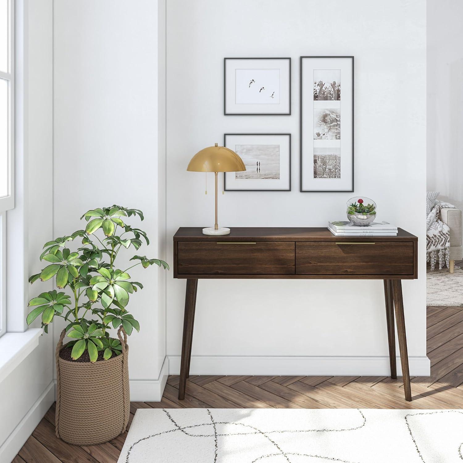 Walnut Mid Century Modern Console Table with Storage Shelves