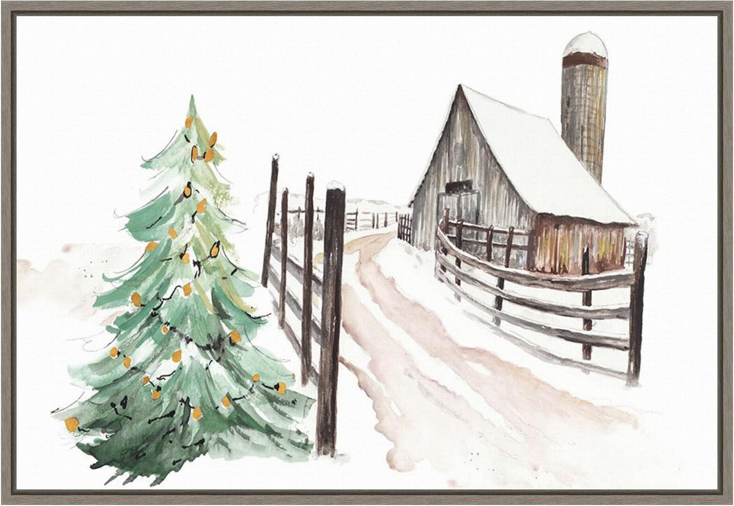 Snowy Vermont Farm Christmas Scene Framed Canvas Wall Art