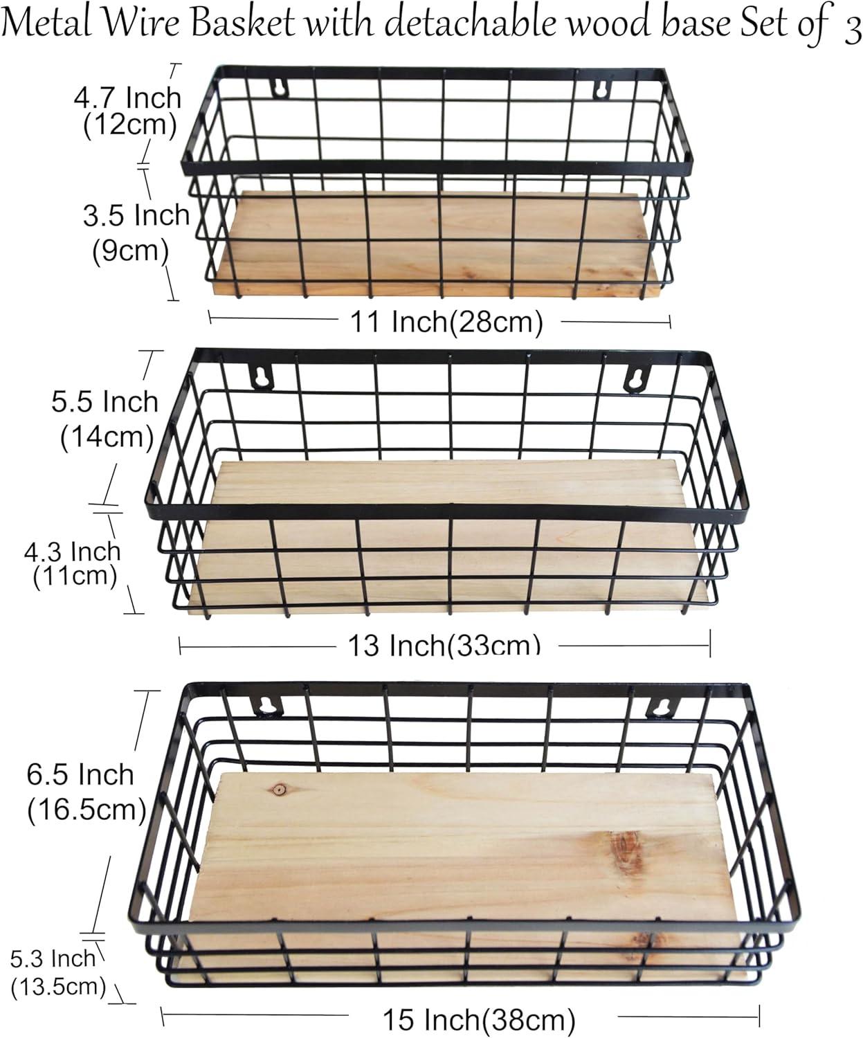Metal Wire Basket Detachable Wood Base Storage Organizer Farmhouse Small Bins for Kitchen Cabinets, Bathroom, Pantry, Laundry Room, Closets Set of 2,Black Color