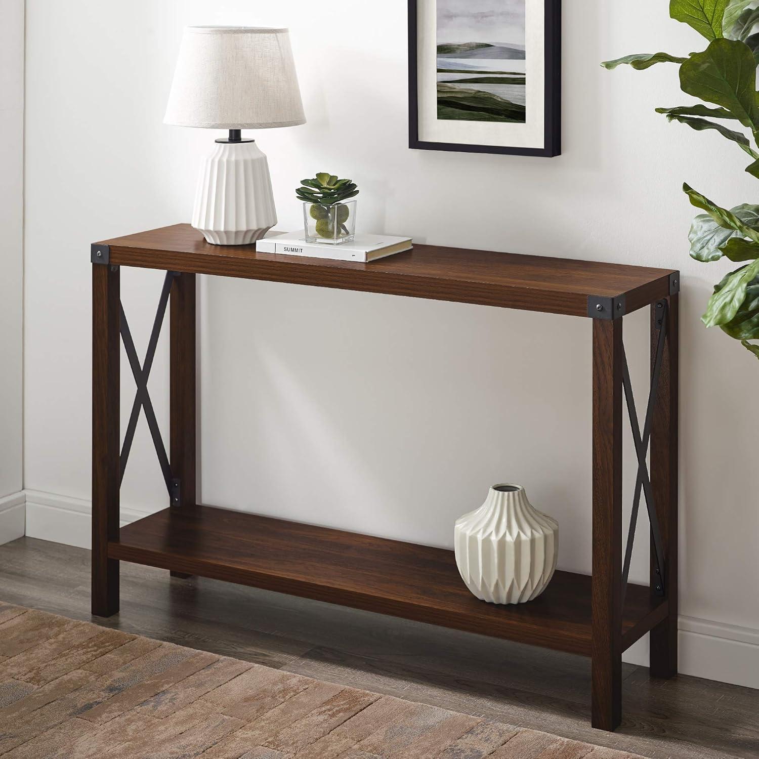 Walker Edison Magnolia Metal X Console Table, Dark Walnut