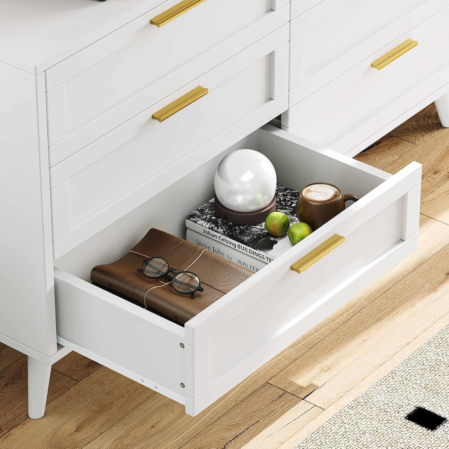 White Double Dresser with Golden Handles and Six Drawers