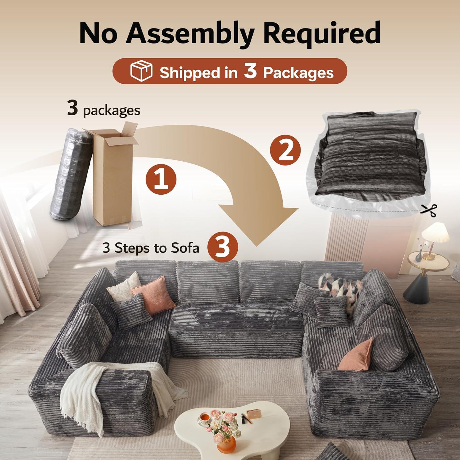 Ovios 135" U-Shape Modular Sectional Sofa Extra Large Plush Corduroy Couch with Ottoman Deep Seat Cloud Sofa Bed for Living Room, Gray, No Assembly Needed