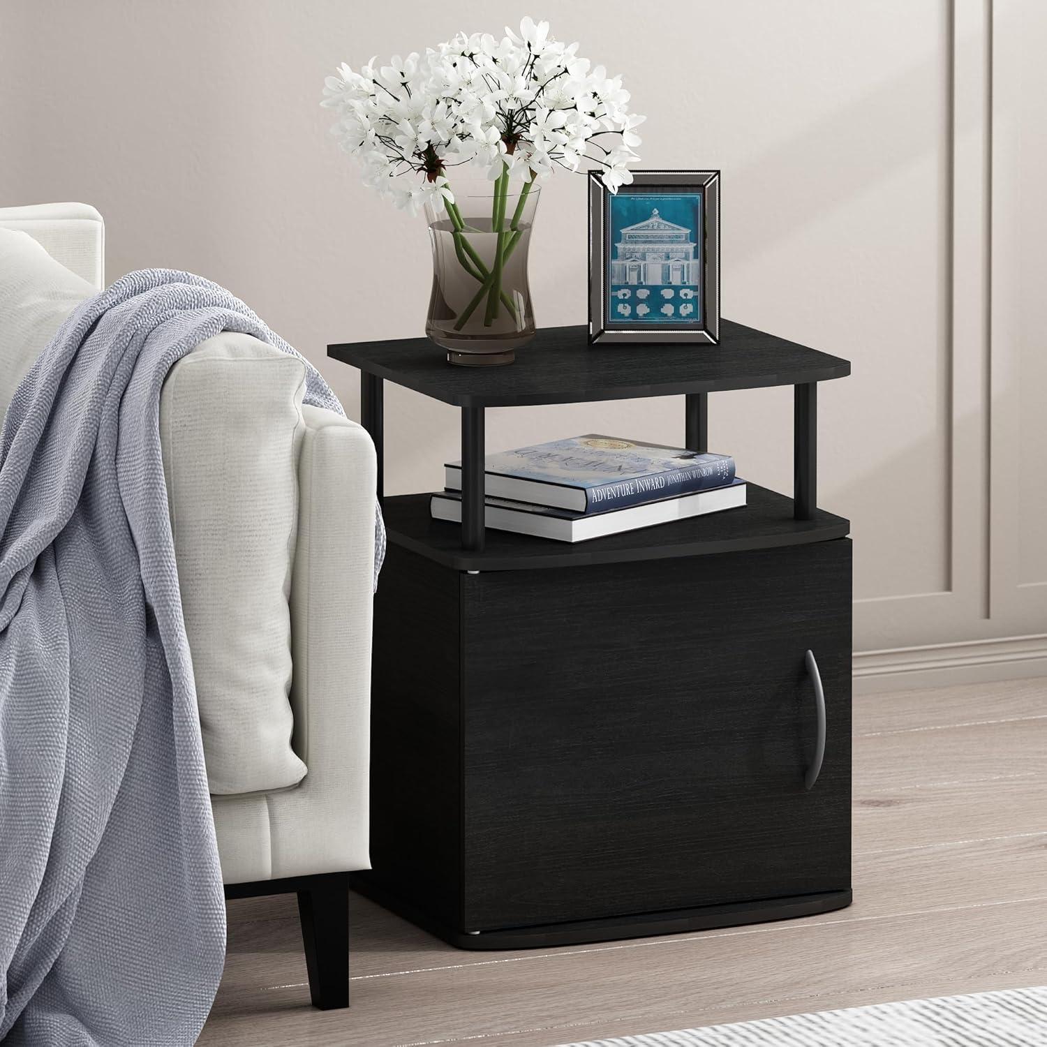 Furinno Set of 2 Modern Utility End Table Space-Saving Bedside Table Nightstand W/1 Storage Cabinet&Open Storage Shelf,Black