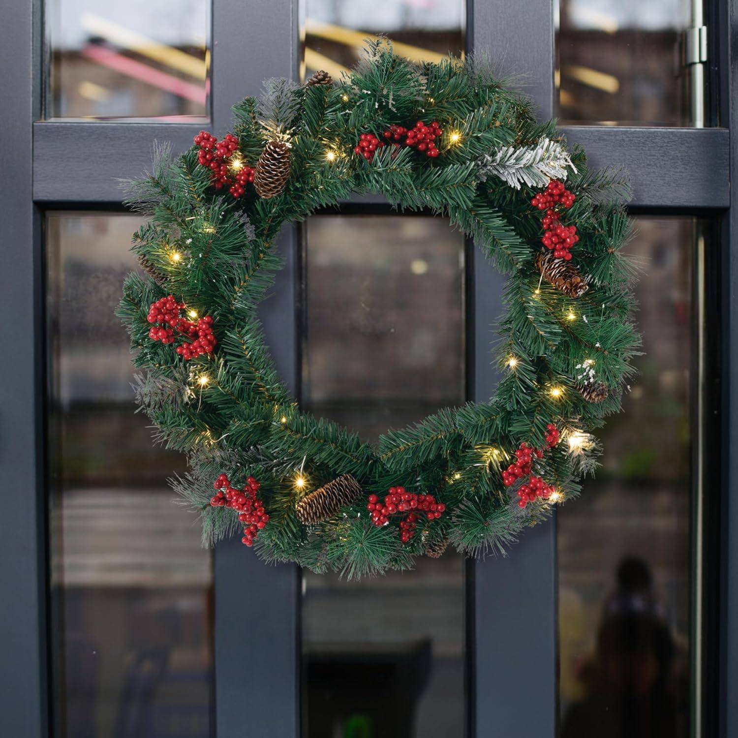 Sullivans 24 Inch Pre-lit Berry Pine Christmas Wreath Decorated with Pinecones, Light Flocking, and Warm White Twinkle Lights