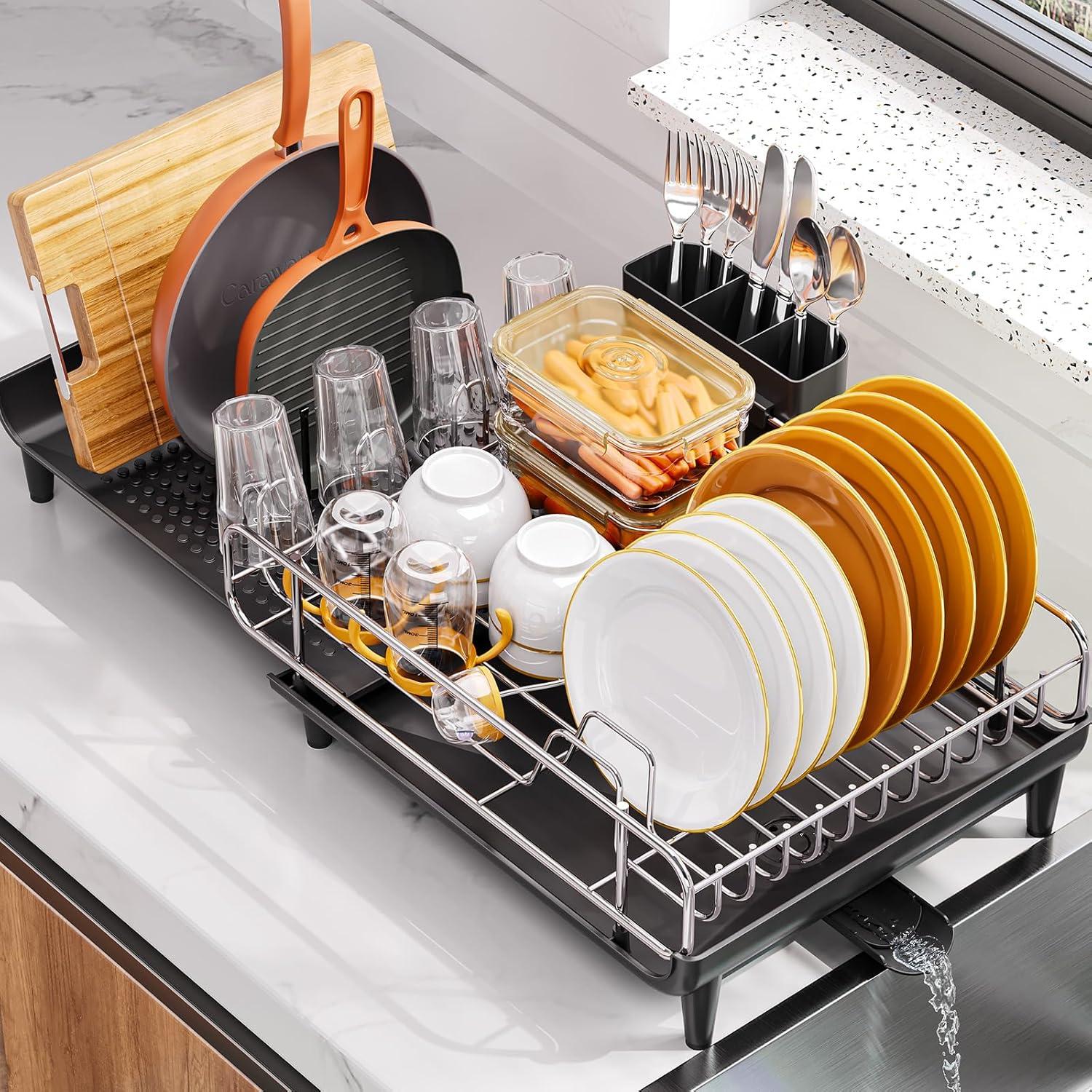 Black Foldable Stainless Steel Dish Drying Rack with Utensil Cup