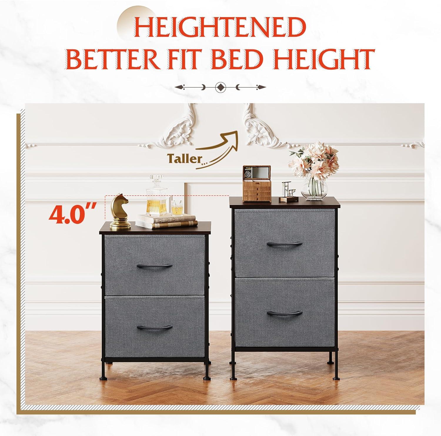 Dark Grey Fabric and Steel 2-Drawer Nightstand