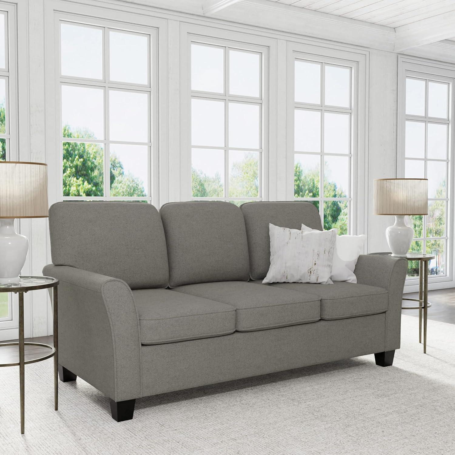 Gray Fabric Upholstered Sofa with Removable Cushions and Rolled Arms