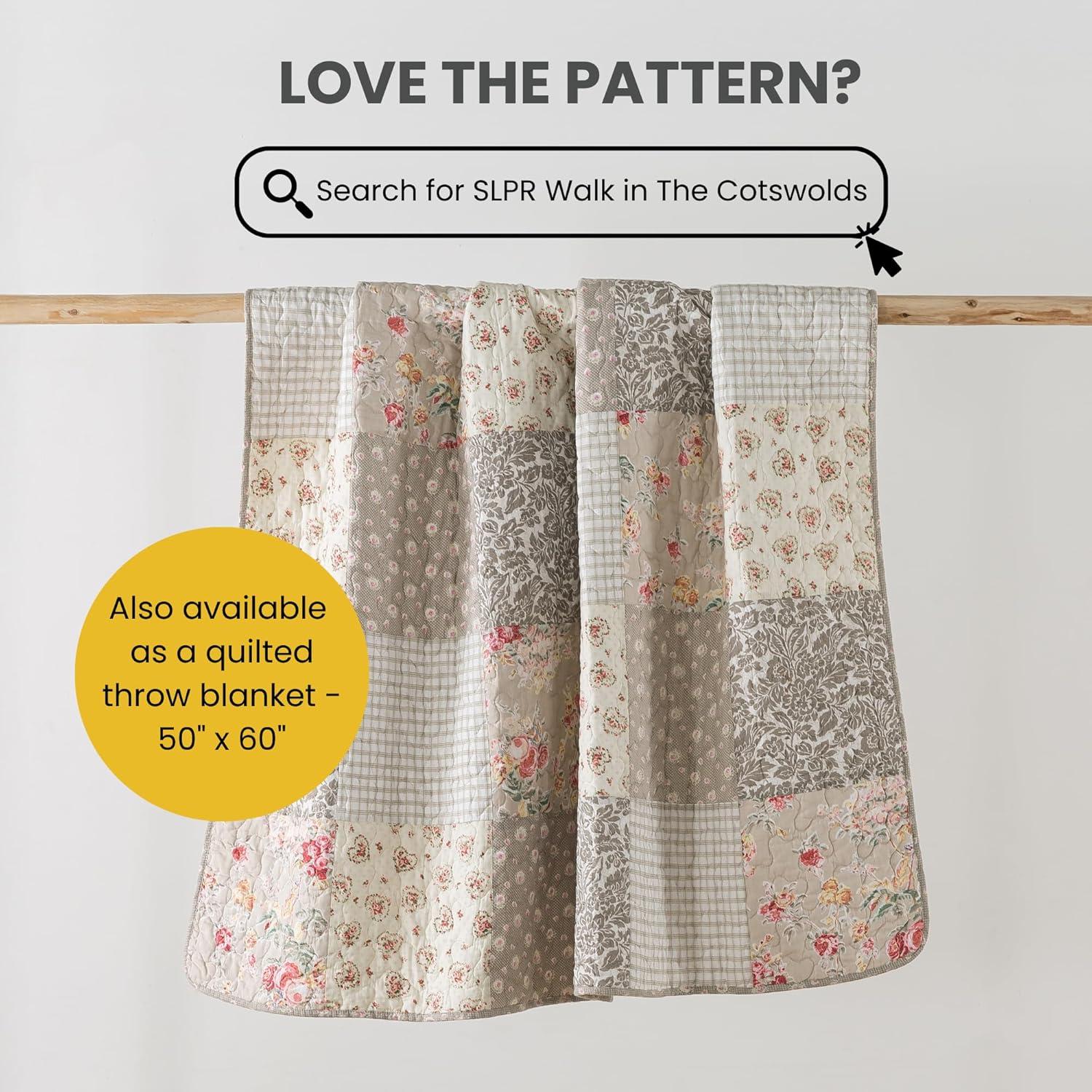 SLPR Walk in The Cotswolds Patchwork Cotton Pieced Quilt Set - Queen Size with 2 Shams, Neutral Floral & Cream Cottage Quilted Bedspread, French Country Farmhouse Bedding for All Seasons