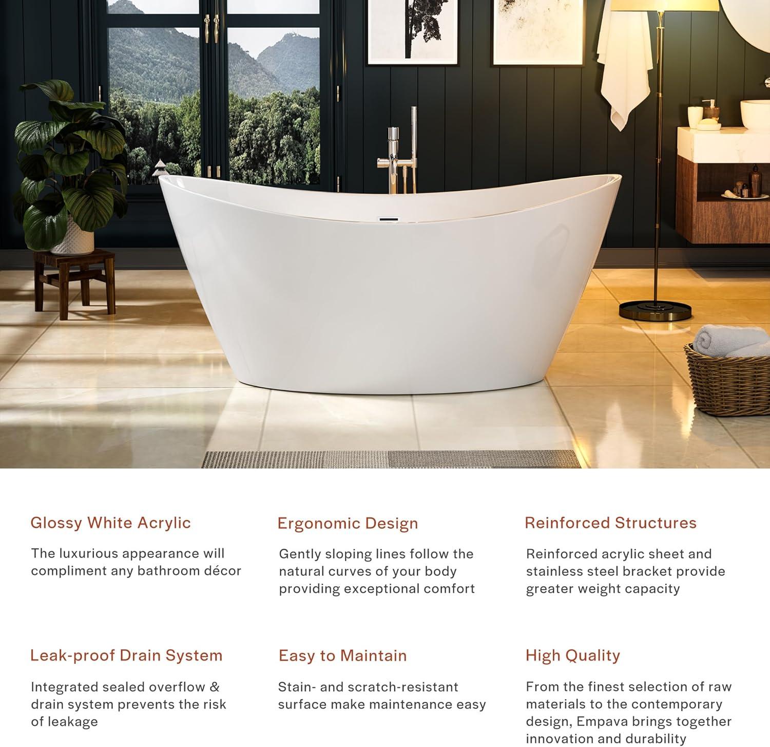 Empava 67" White Acrylic Freestanding Oval Bathtub