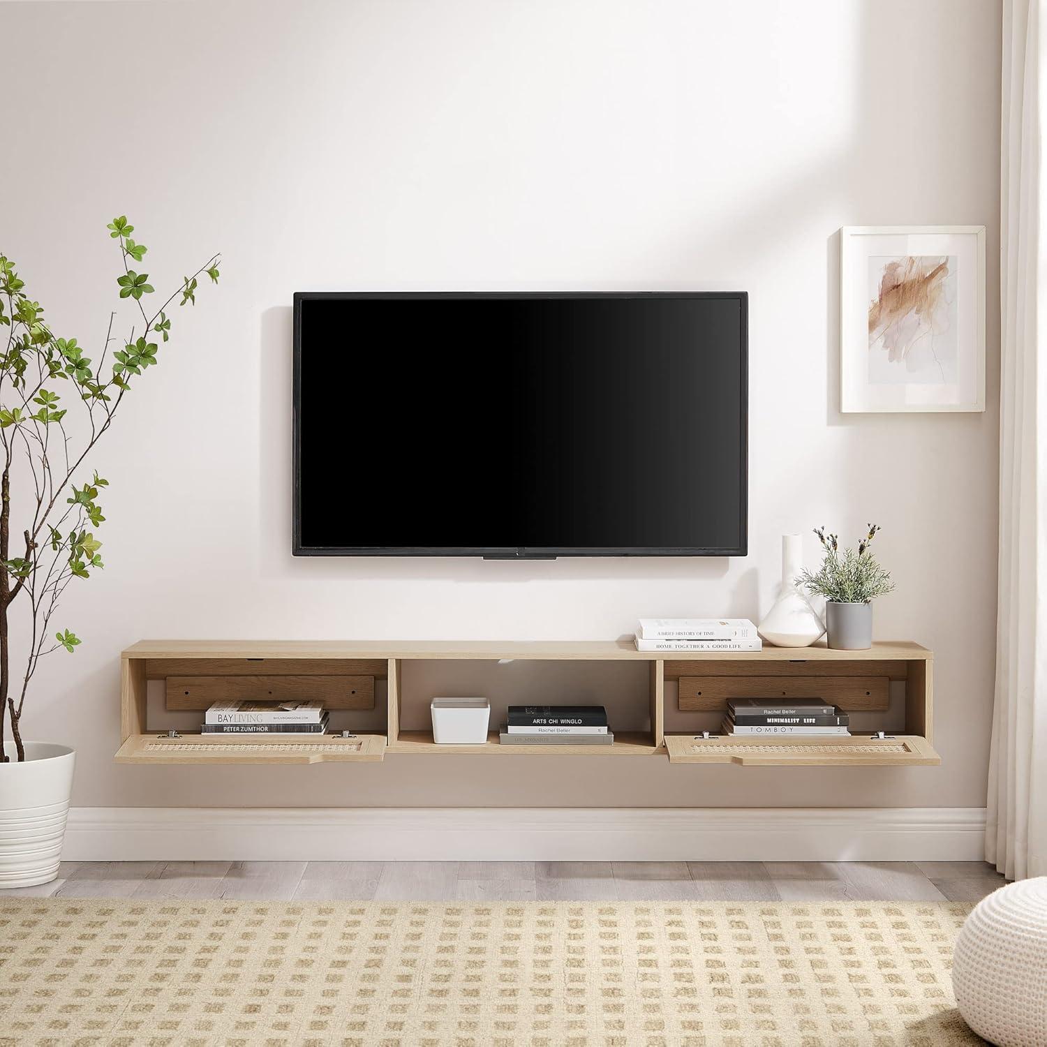Coastal Oak 70" Floating TV Stand with Rattan Cabinet Doors