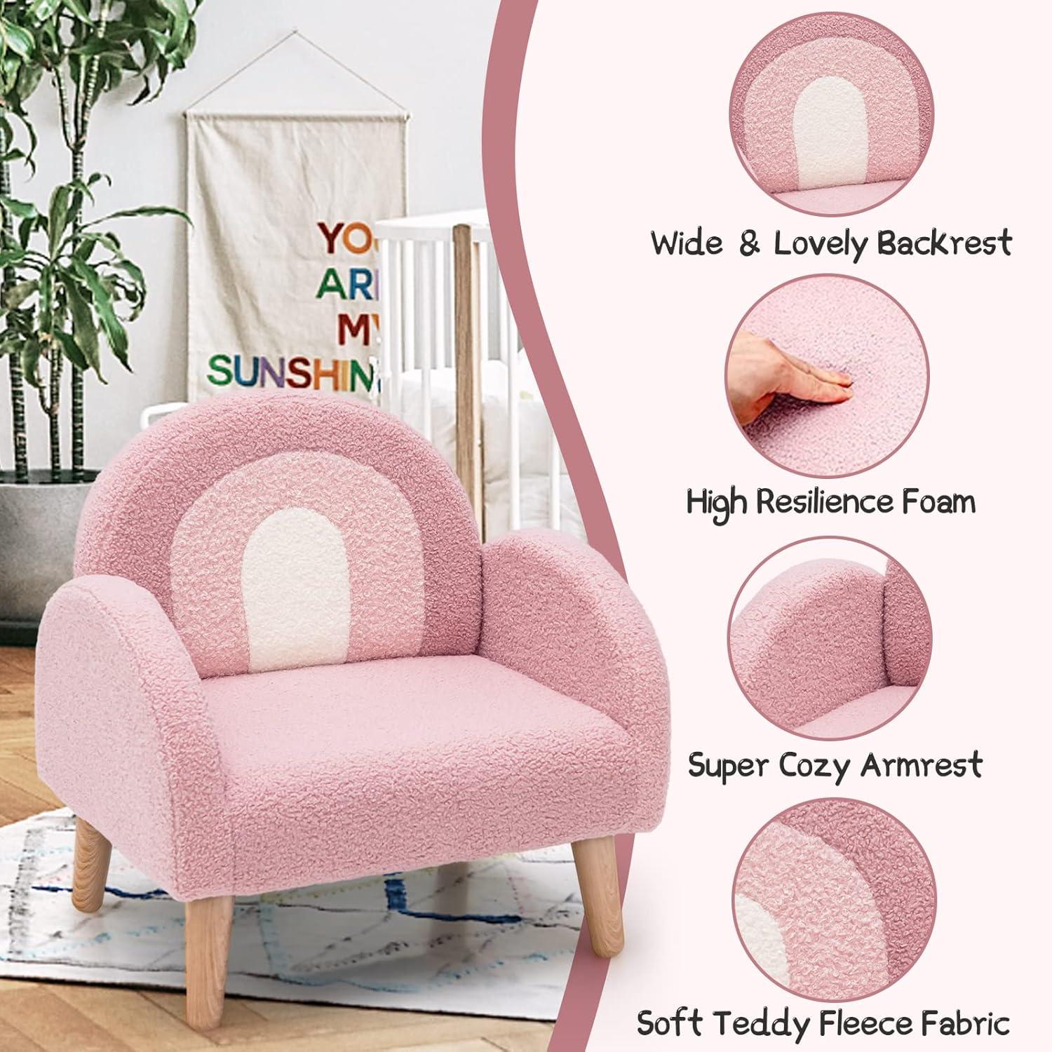 Pink Velvet Kids Armchair with Wooden Legs