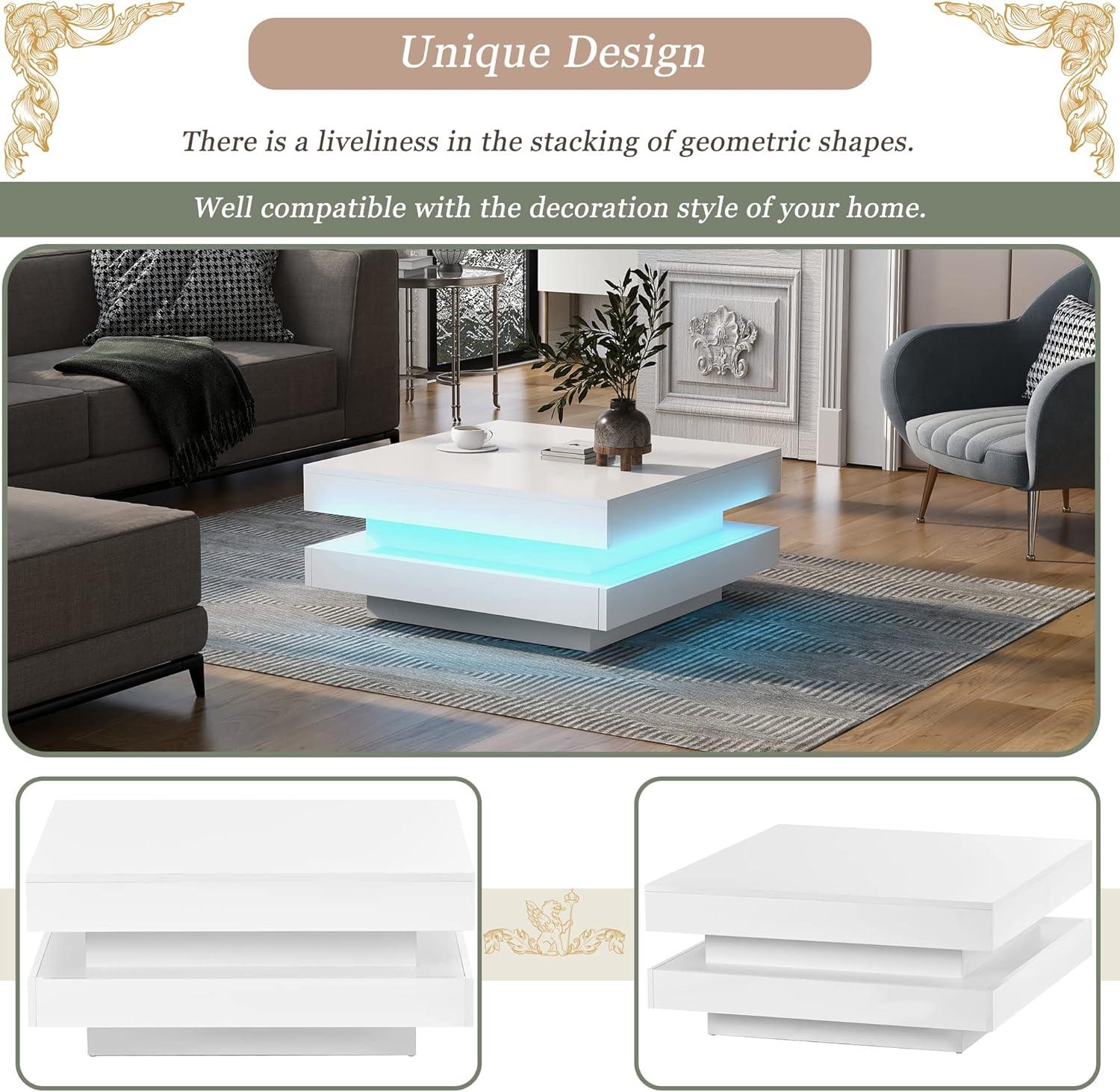 Historyli Go5H 2-Tier Square Coffee Table With LED Lights Center Sofa Table Multifunctional Cocktail Table For Living Room Dining Room Bedroom (31.5''x31.5''x14.2'' )