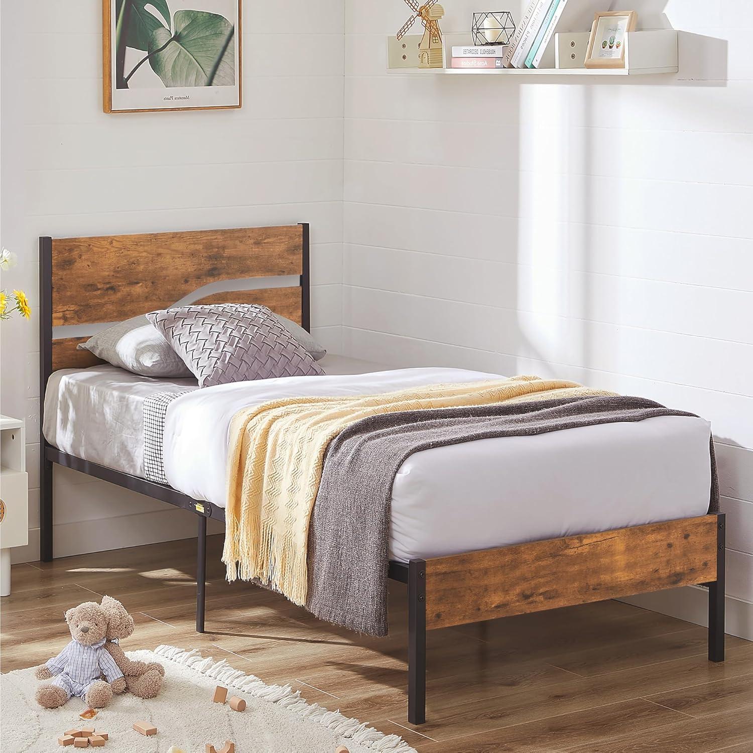 VECELO Platform Bed Frame Twin Size with Rustic Vintage Wood Headboard, Strong Metal Slats Support, No Box Spring Needed