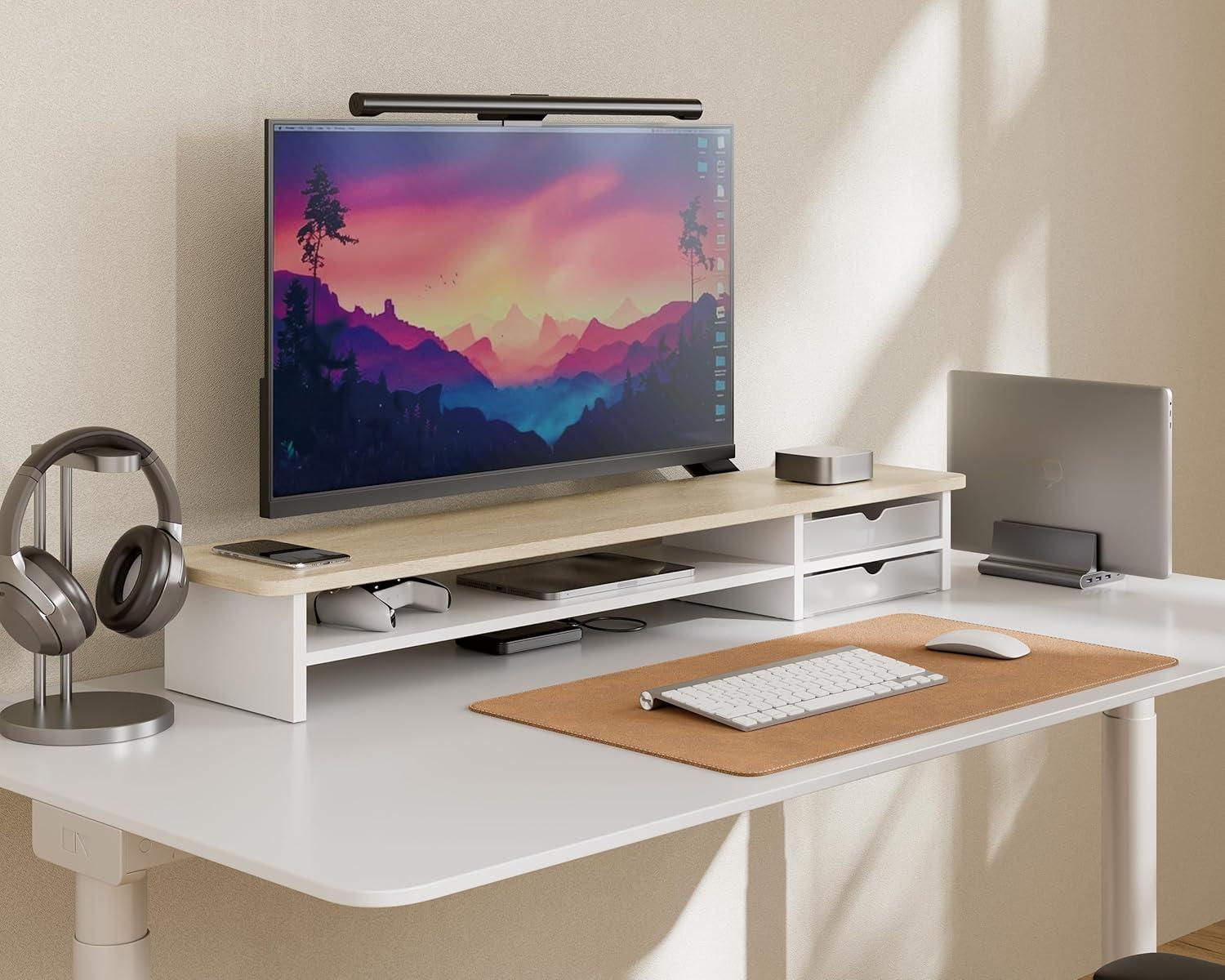 Oak and White Dual Monitor Stand with Drawers