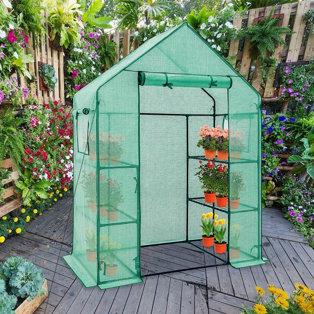 EAGLE PEAK 61'' x 28'' x 79'' Walk-in Greenhouse with 2 Tier 4 Shelves, Zipper Entry Door, and 2 Side Windows