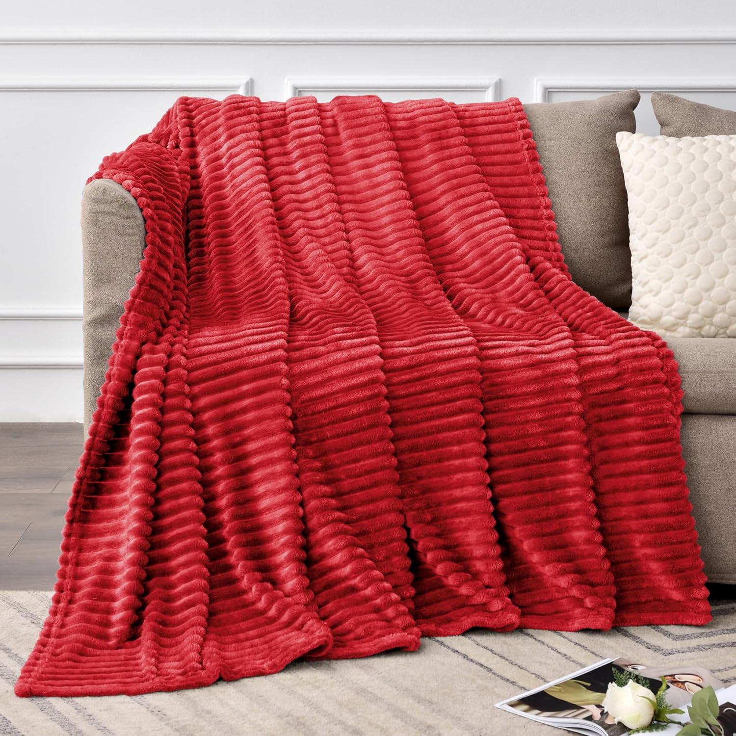 BEDELITE Fleece Throw Blanket for Couch 3D Ribbed Jacquard Cozy, Fluffy, Plush Lightweight Red Throw Blankets for Bed, Sofa, 50x60 inches