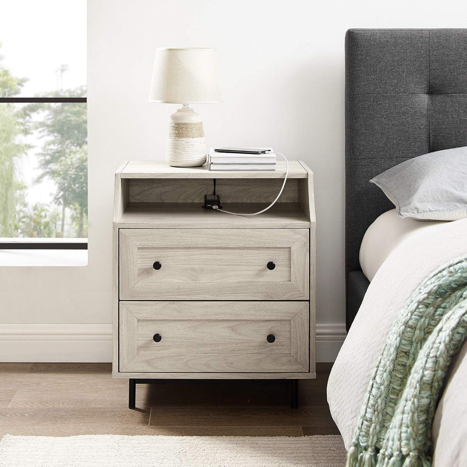 Walker Edison Modern 2 Drawer Nightstand with USB Port, Birch
