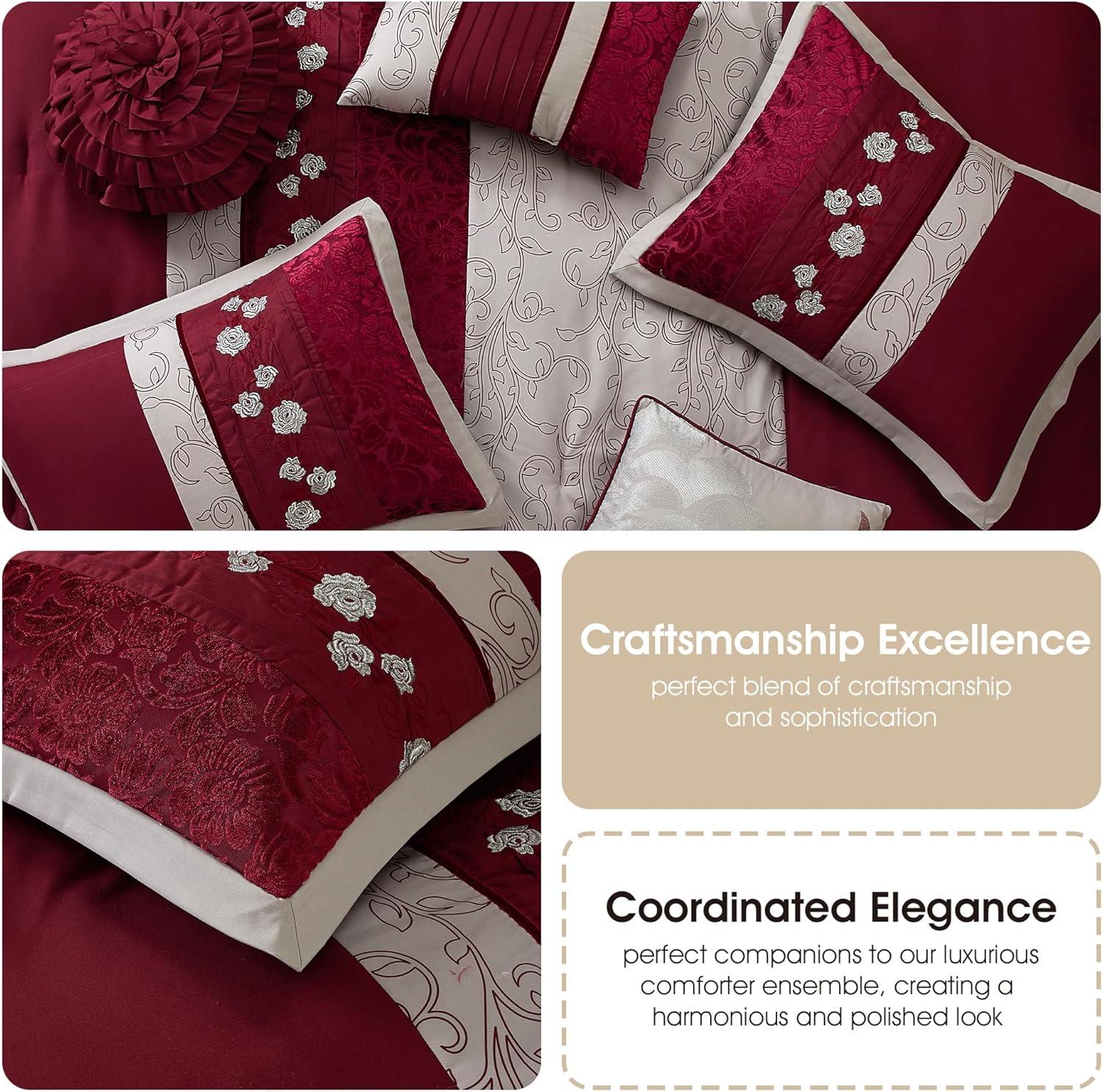King Size 7 Piece Burgundy Brown Embroidery Soft Bedding Comforter Set
