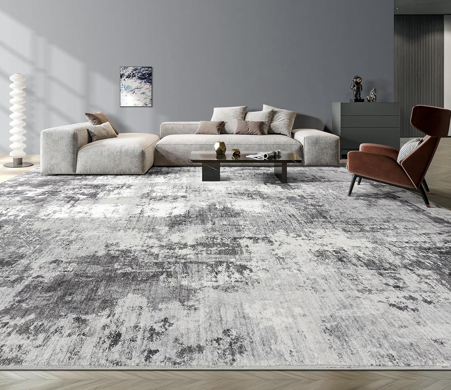 Gray Abstract Washable 9' x 12' Synthetic Area Rug