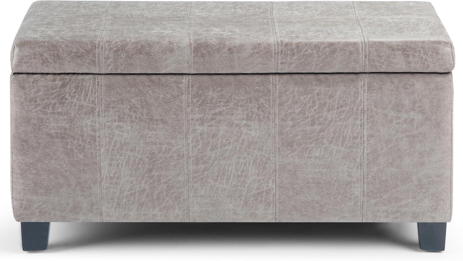 Simpli Home Dover Faux Leather Storage Ottoman Bench in Gray Taupe