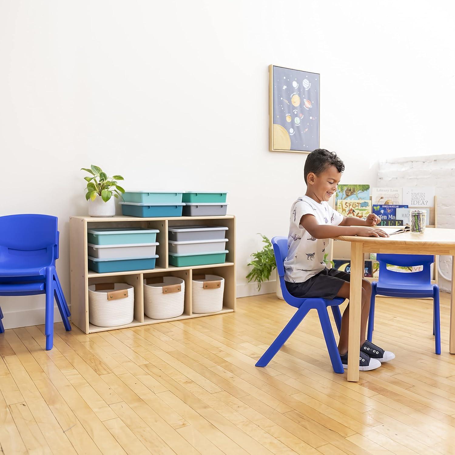 Stackable Green, Blue, and Gray Plastic Lidded Storage Bins for Kids