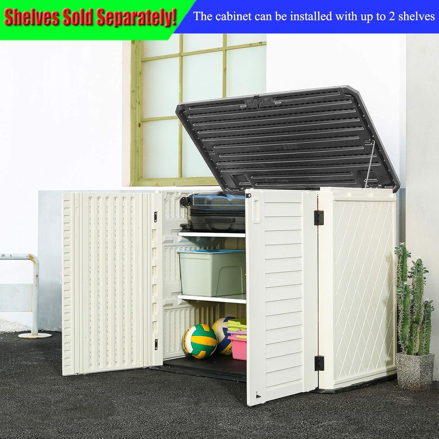 ADDOK Horizontal Storage Shed Weather Resistance, Large Outdoor Storage Cabinet Lockable, Thick HDEP Plastic Storage Unit for Backyards, Patio, Garden(26 Cu.ft/Ivory White)