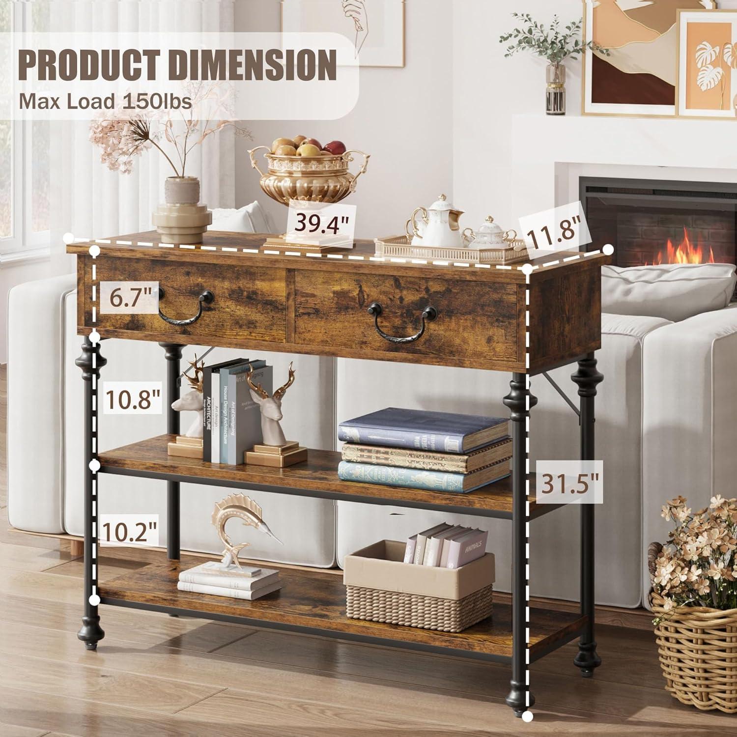 Rustic Brown Wood and Metal Console Table with Storage Shelves