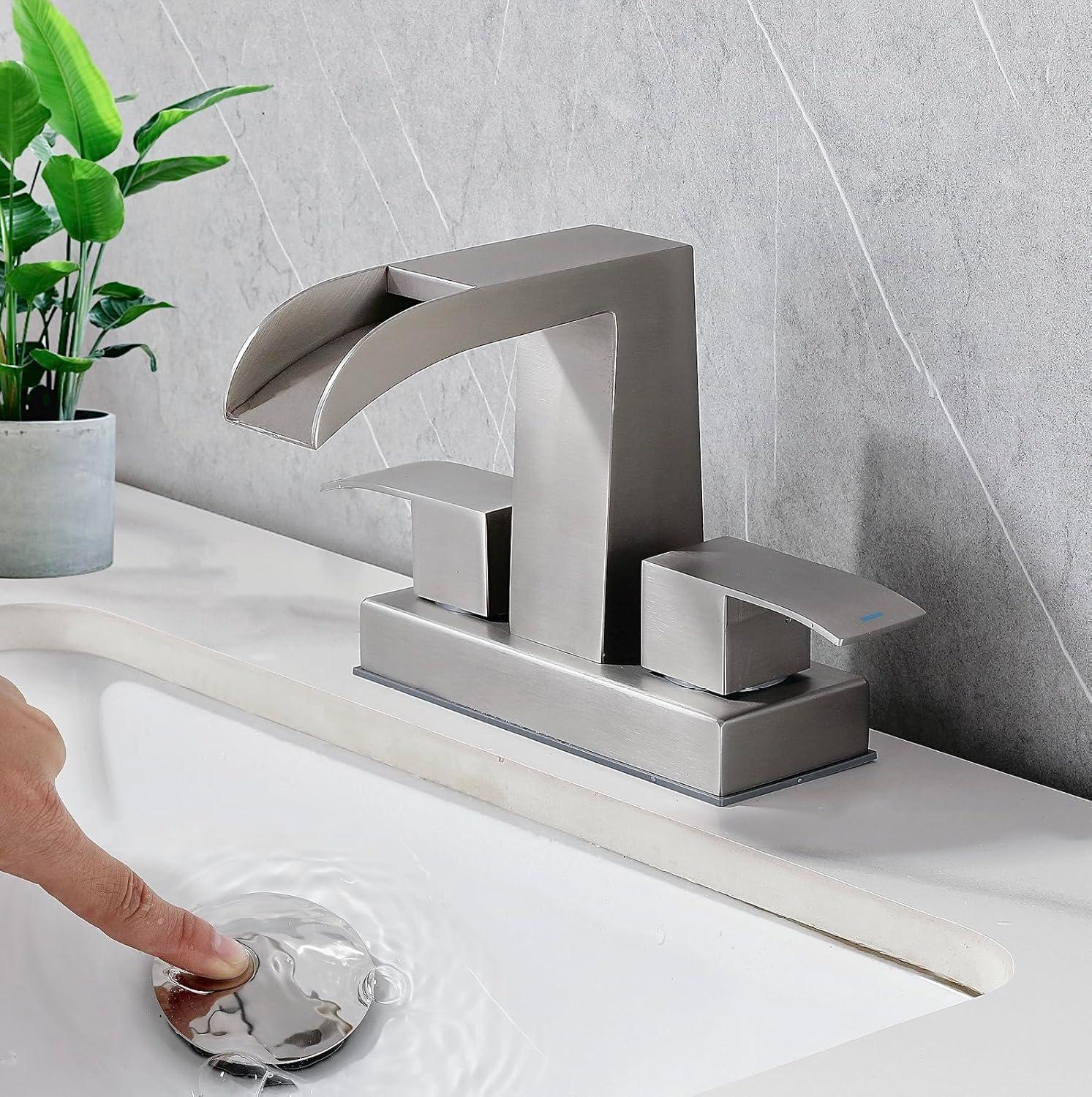 Brushed Nickel Double Handle Waterfall Bathroom Faucet with Pop-Up Drain