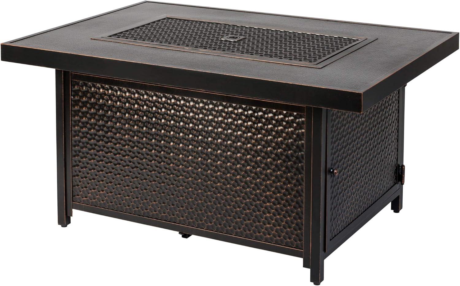 Fire Sense 48” Weyland Hammered Aluminum Gas Fire Pit 55,000 BTU Multi-Functional - Protective Cover and Clear Fire Glass - Rectangle - Bronze Finish