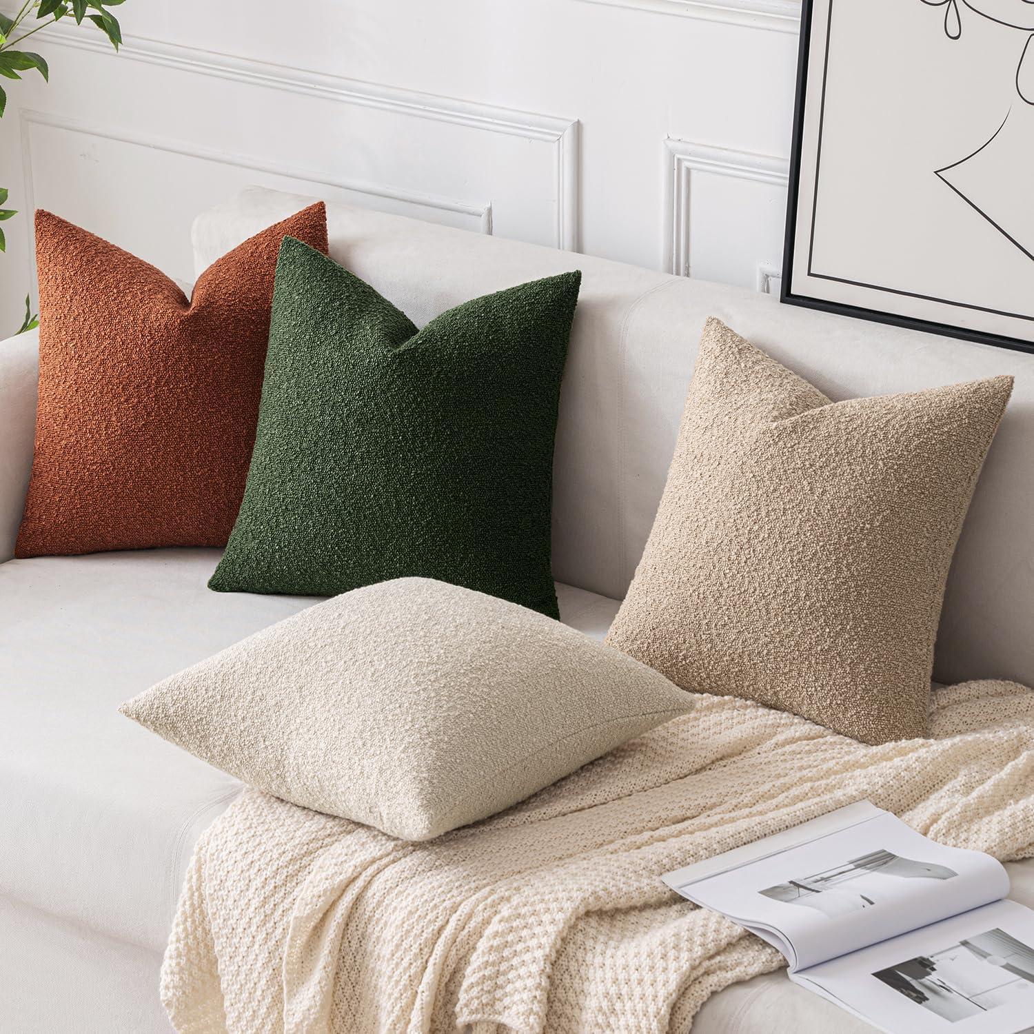 Boucle Decorative Throw Pillow Covers for Couch Set of 2, 18x18 inches, Beige