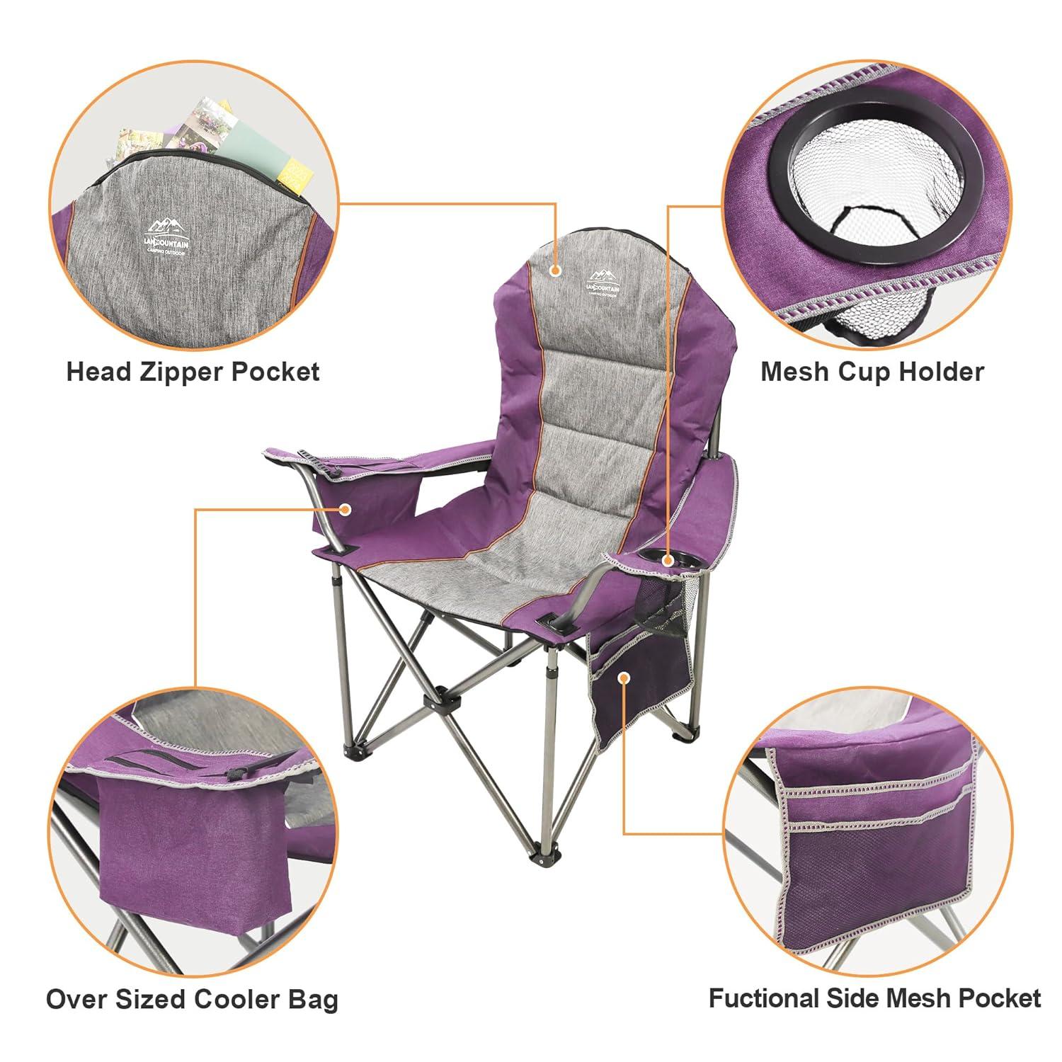 Camping Chairs for Adults,High Back Folding Camp Chair with Cup Holder and Cooler Bag,Heavy Duty Outdoor Lawn Chairs,Perfect for Camping,Hiking,Picnics,and Beach Trips,Purple
