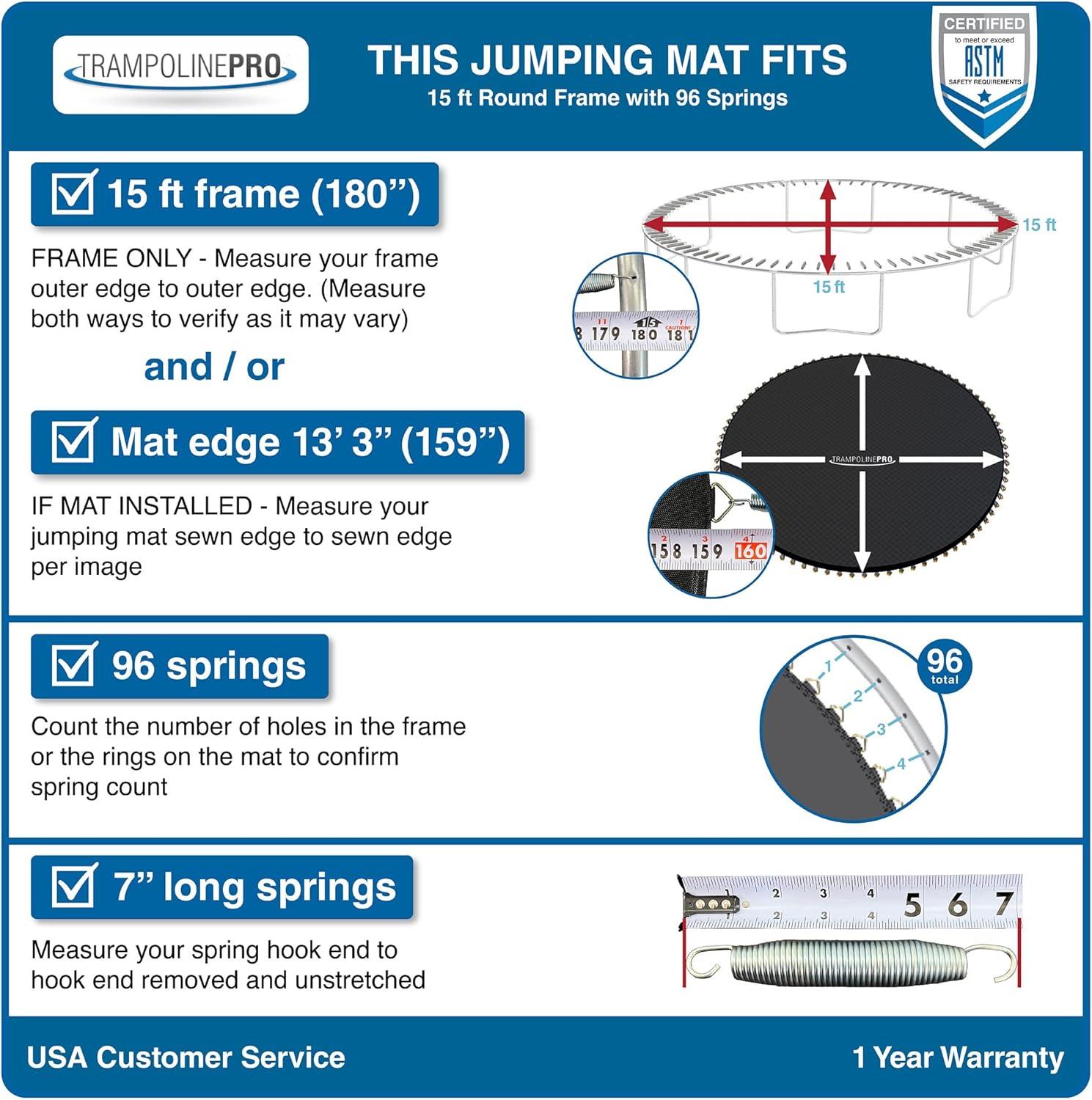 Black 15ft Round Trampoline Replacement Mat with 96 Rings