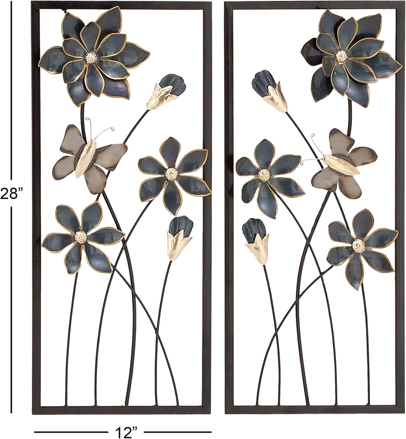 DecMode Teal Metal Floral Wall Decor with Black Frames and Butterfly Accents (2 Count)