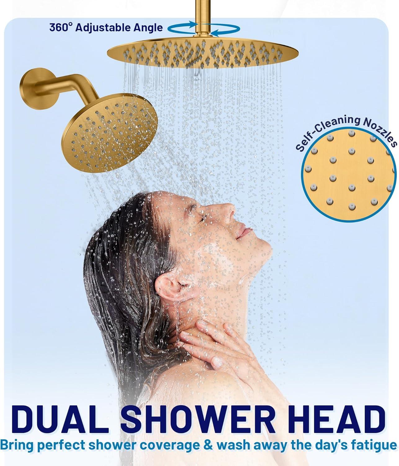 Rainfall Symphony 12inch Dual Showerhead Temperature Display Shower System with 2 in 1 Slider Bar Shower Handheld