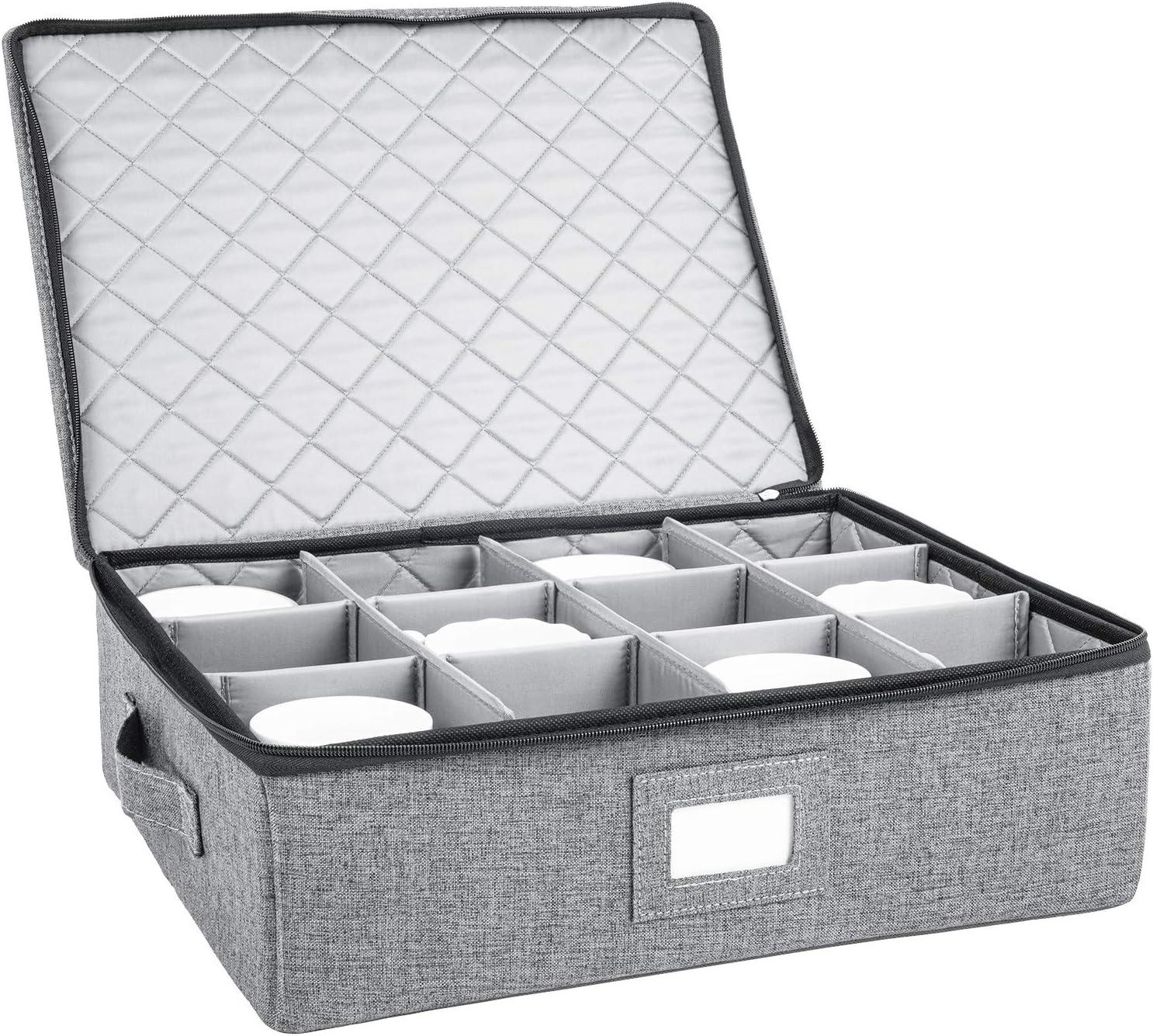 Gray Quilted Hard Shell Mug Storage Box with Dividers