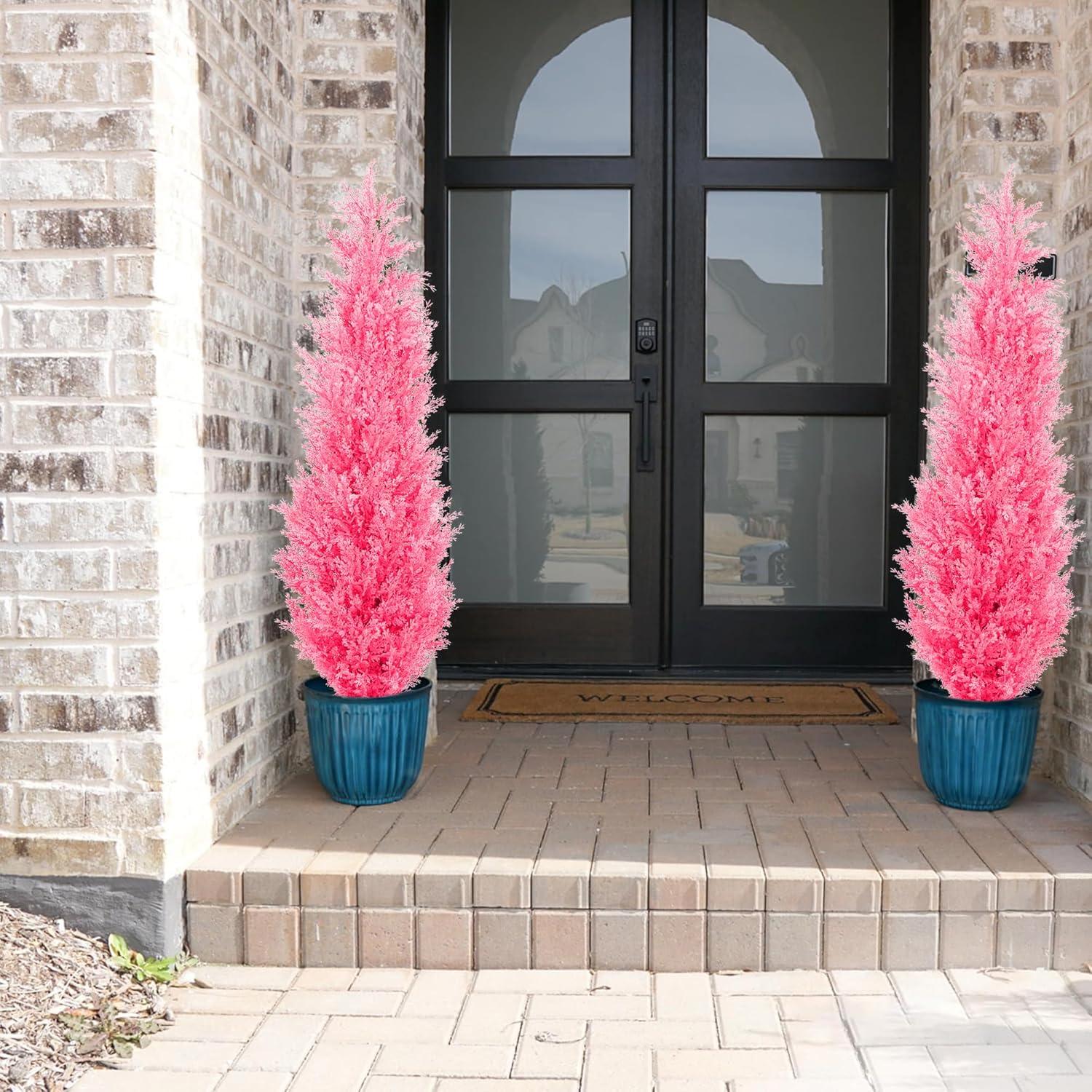 LINBONIO 4 ft Pink Artificial Cedar Tree UV Protection Faux Cedar Pines Outdoor Garden Office Store Front Porch Decoration 2 Pack
