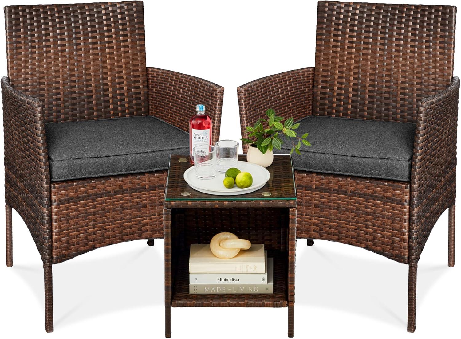 Best Choice Products 3-Piece Outdoor Wicker Conversation Patio Bistro Set, w/ 2 Chairs, Table - Brown/Stone Gray