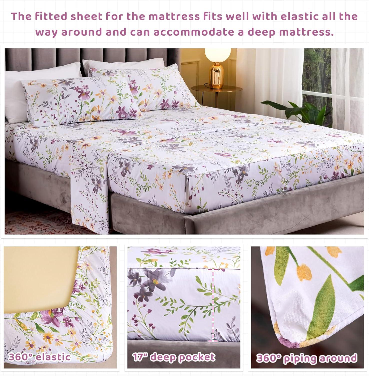 QSH Floral Queen Size Sheet Sets - Yellow Wild Flower Botanical Pattern Egyptian Cotton Printed Bedding Sheets Set Queen Size Bed Extra Breathable 4pcs Queen Sheet Set Deep Pocket 17.5"