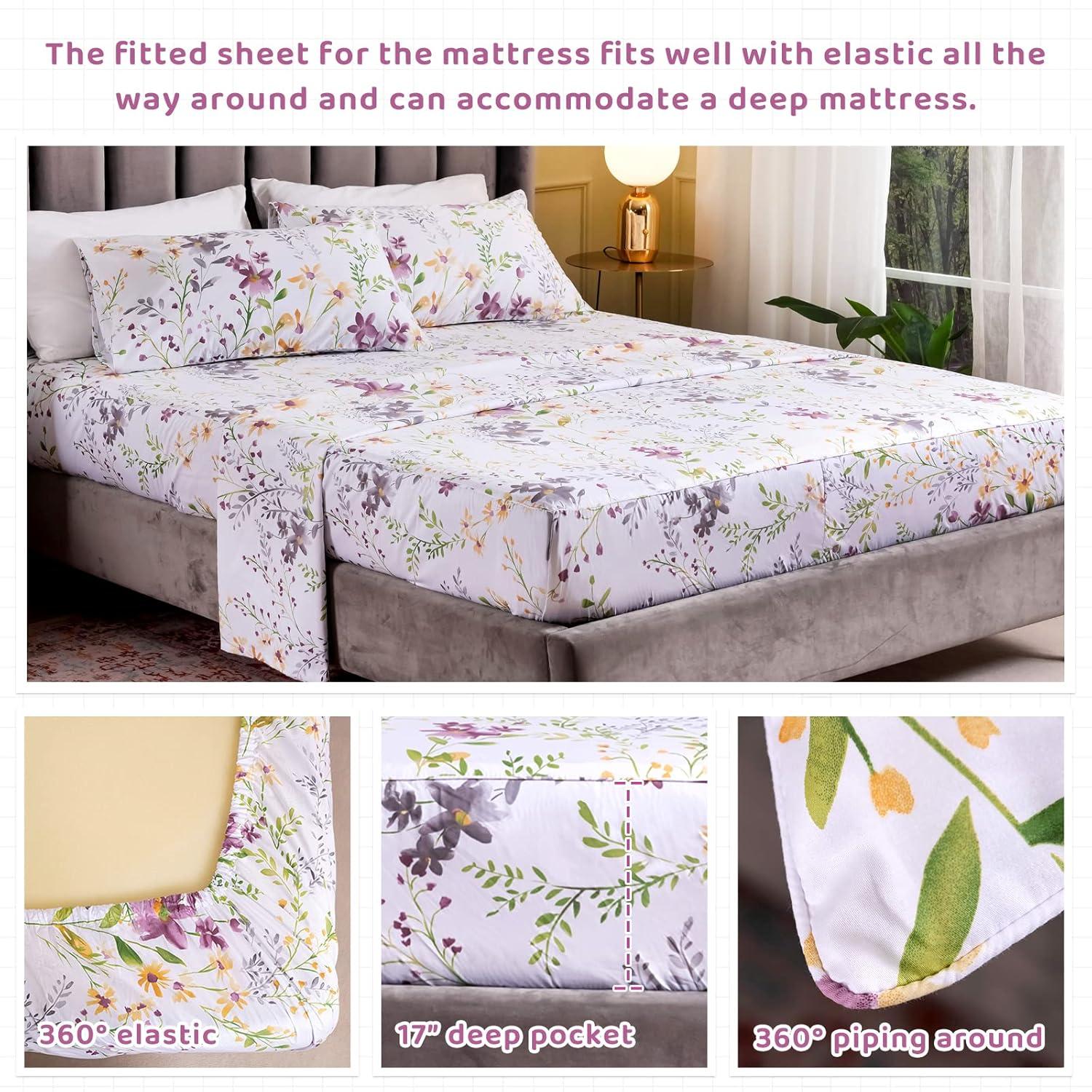 QSH Floral Queen Size Sheet Sets - Yellow Wild Flower Botanical Pattern Egyptian Cotton Printed Bedding Sheets Set Queen Size Bed Extra Breathable 4pcs Queen Sheet Set Deep Pocket 17.5"