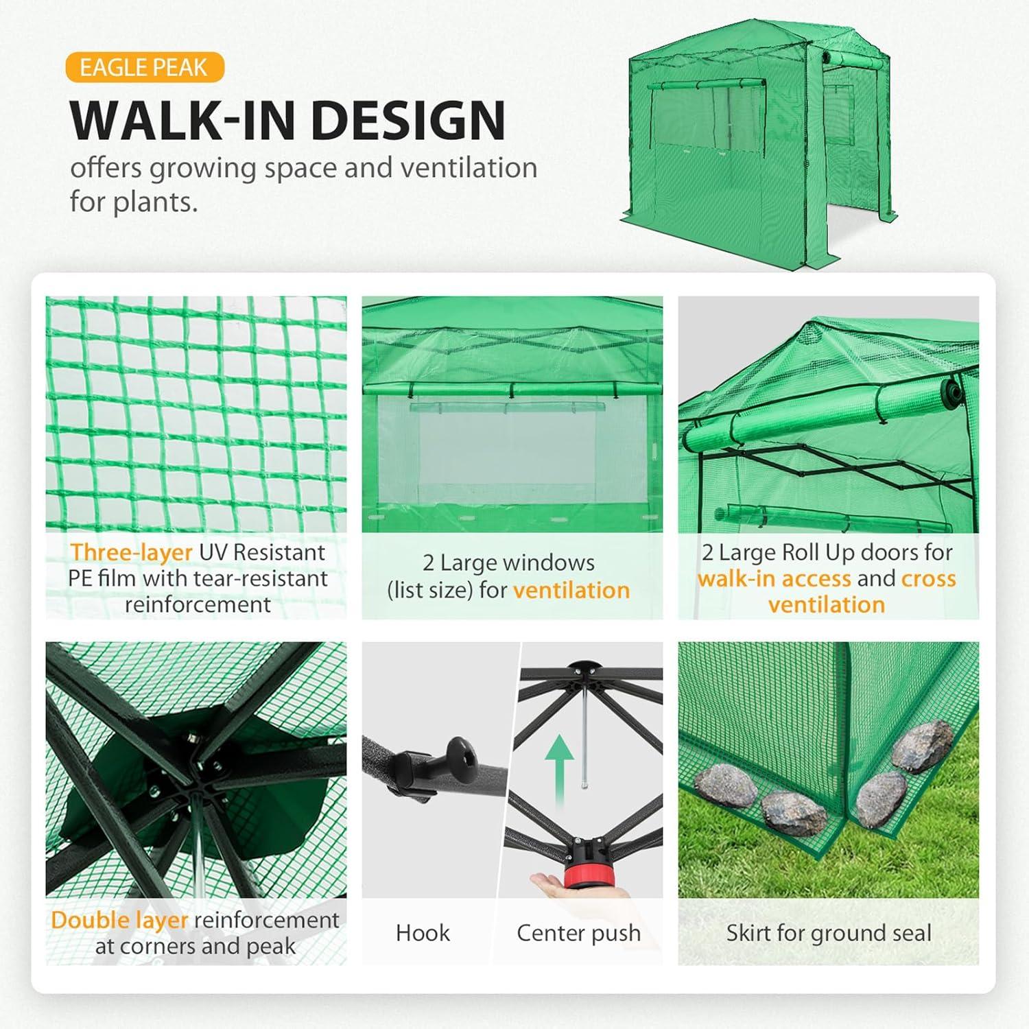 EAGLE PEAK 8x6ft Easy Setup Pop Up Portable Instant Walk-in Greenhouse, Green