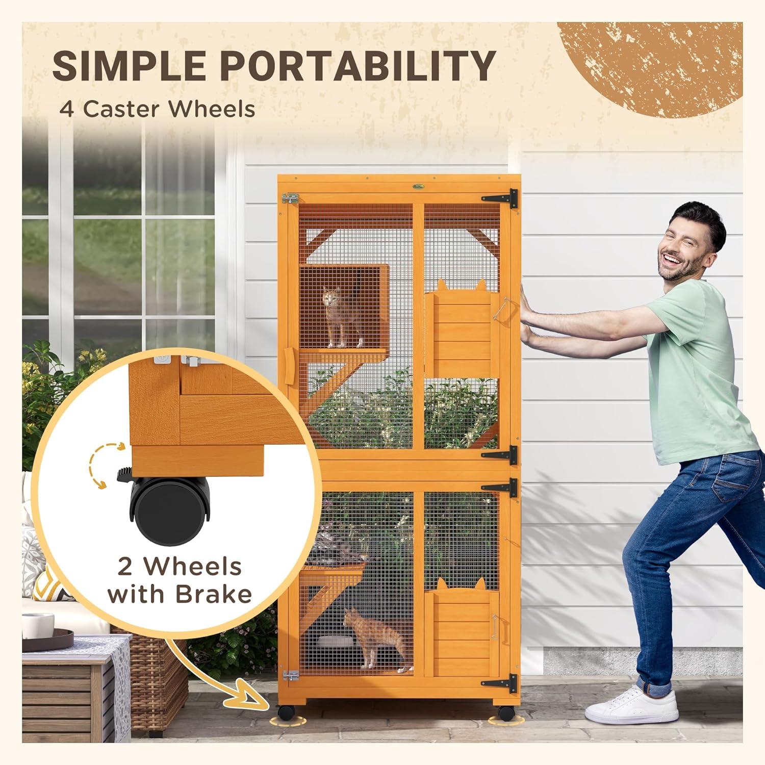 PawHut Catio Outdoor, Large Cat Enclosure, Wooden Kitten House, Elevated Design, with Wheels, Water-Resistant, Multi Platforms, for 1-3 Cats, Orange