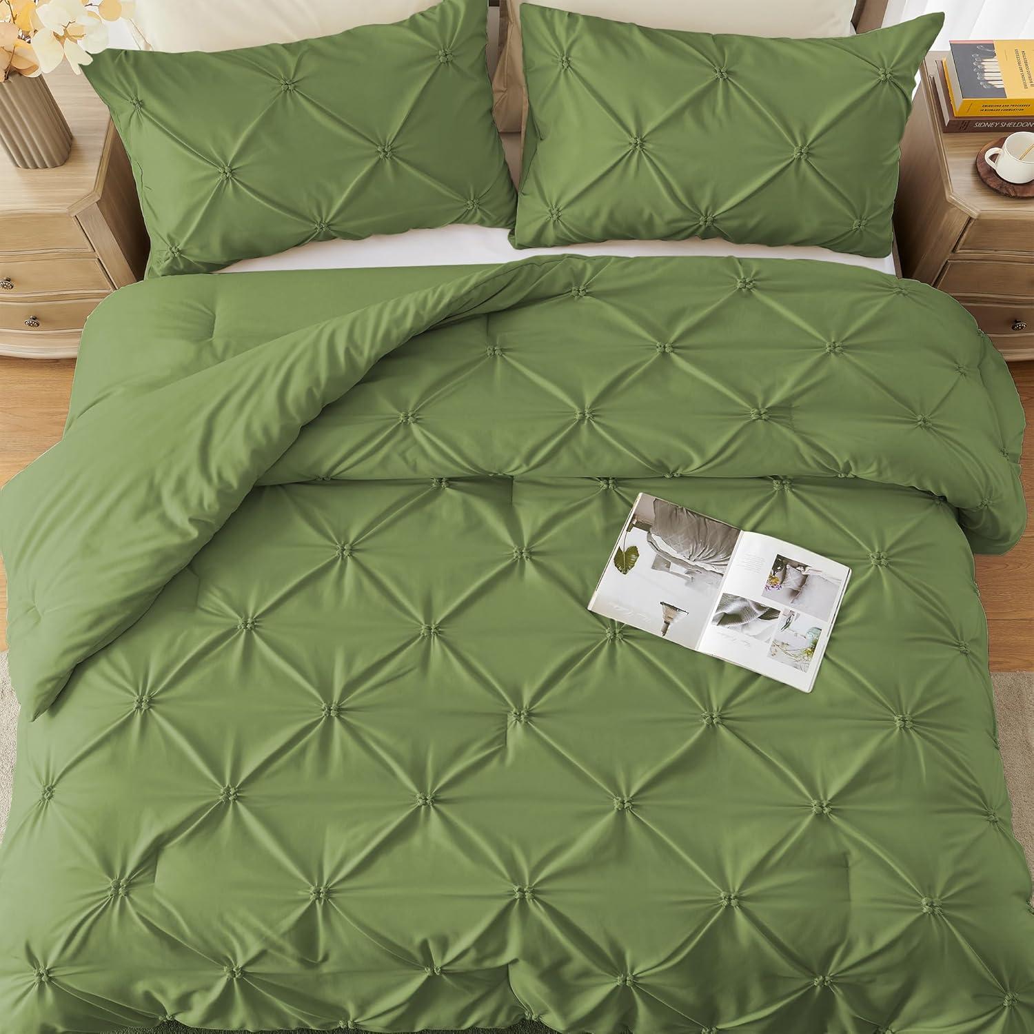 Peace Nest 3-Piece All Season Pinch Pleated Comforter Set, Olive, King