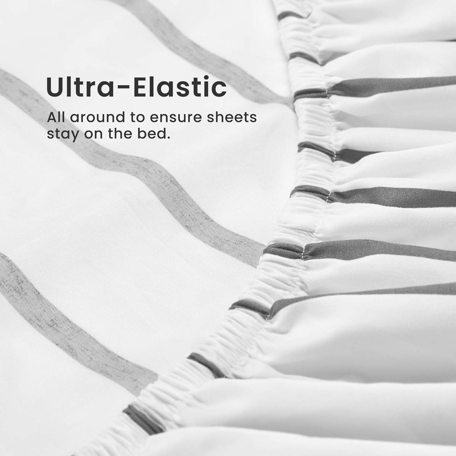 SLEEP ZONE Striped Sheet Set Queen Size 4 Piece - Double Brushed Microfiber Super Soft Breathable Bedding Sheet Deep Pocket 16" (Grey Stripe Printed on White)