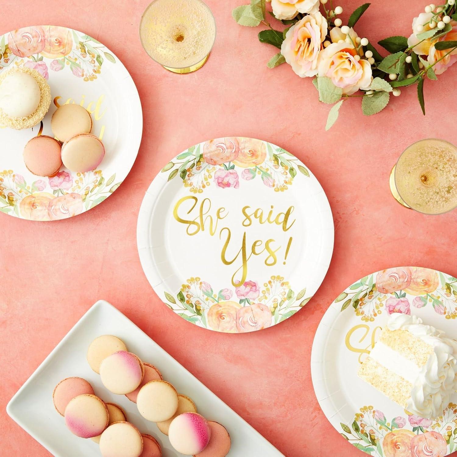 Sparkle and Bash 48-Pack Gold Foil She Said Yes Plates for Engagement Party, Bridal Shower Decorations, Bachelorette, Floral Design, 9 In